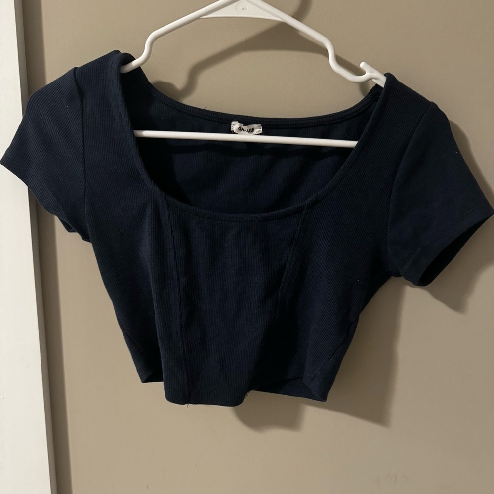 Navy square neck cotton ribbed shirt
